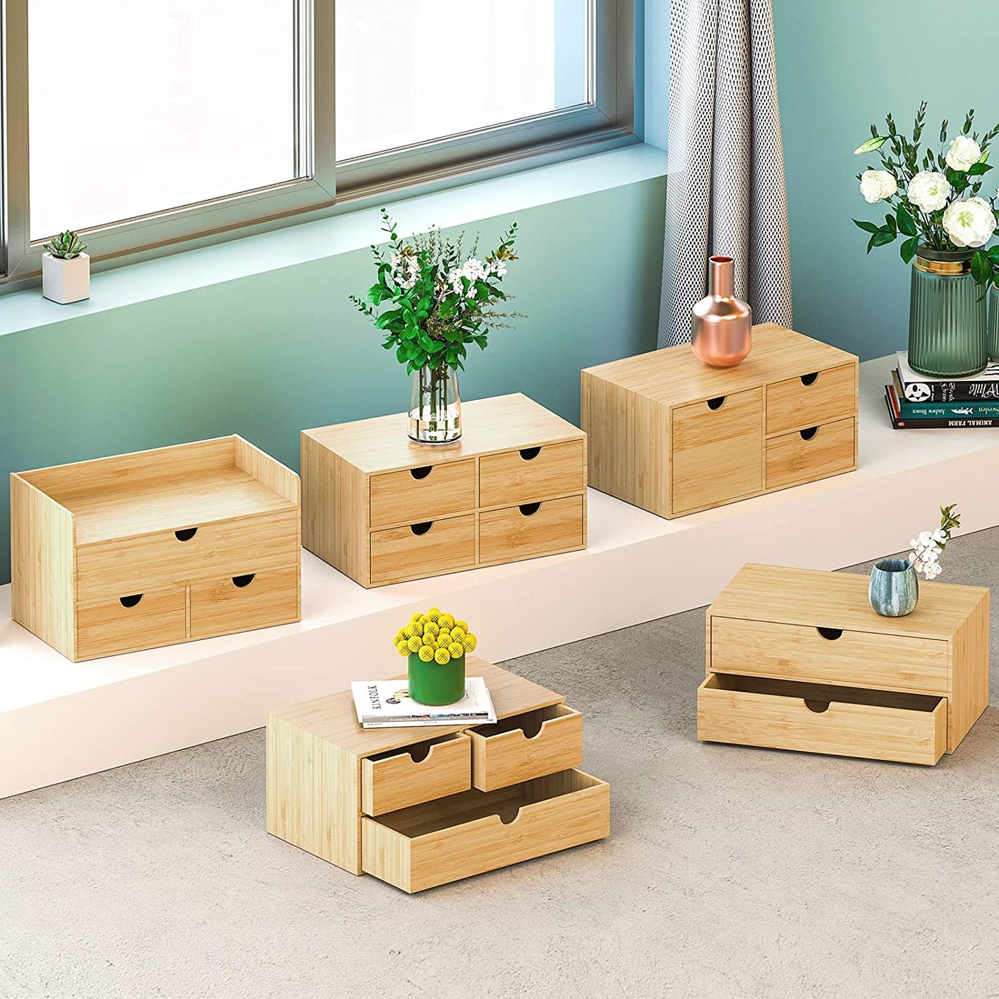 Bamboo Desk Organizer with Drawers, 3-Drawer Desktop Storage Box | 3 Drawers Open Top Tray Fully Assembled Stores Pens, Notes, Makeup, Jewelry & Toiletries for Office, Vanity & Bath