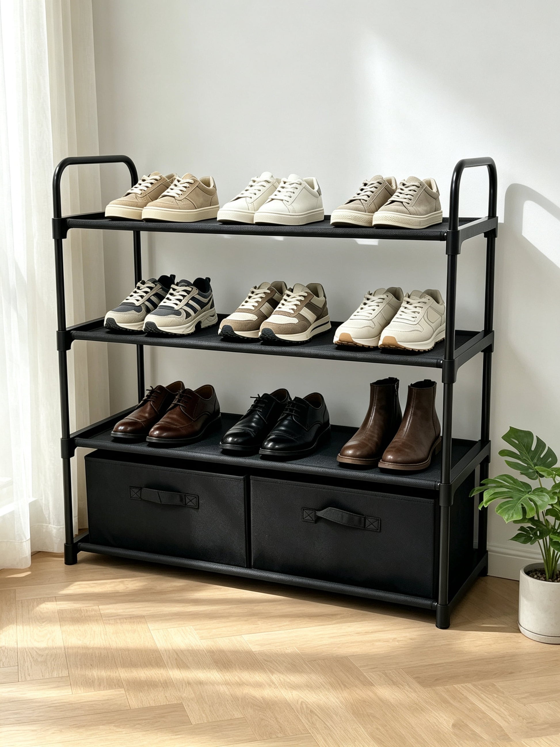4-Shelf Closet Storage Organizer with 2 Fabric Bins, Black Metal Frame