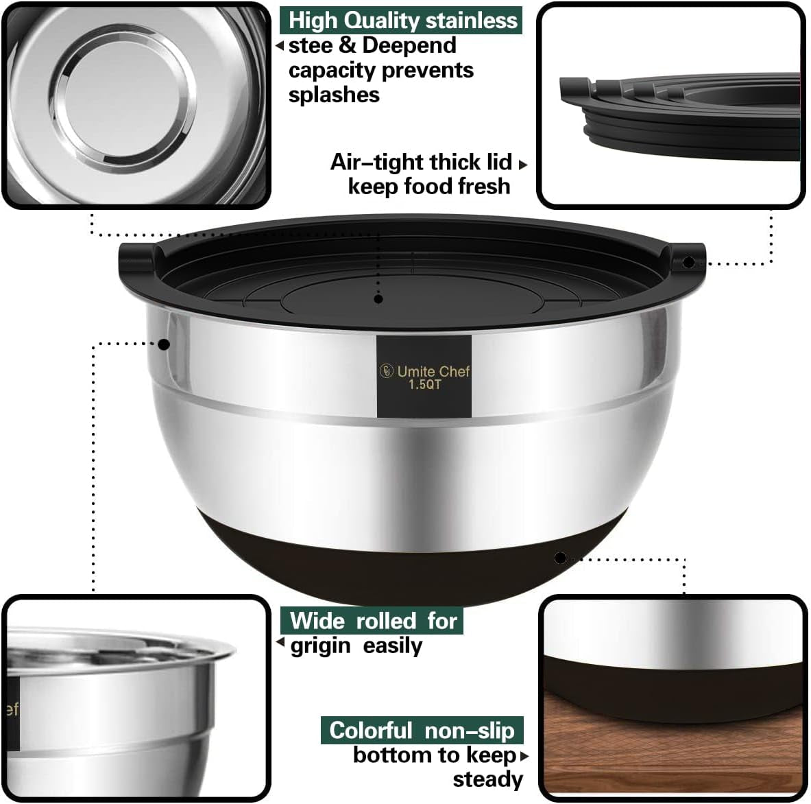 Stainless Steel Mixing Bowls with Airtight Lids - 6-Piece Set with Non-Slip Bottoms, Ideal for Mixing and Serving (Black)