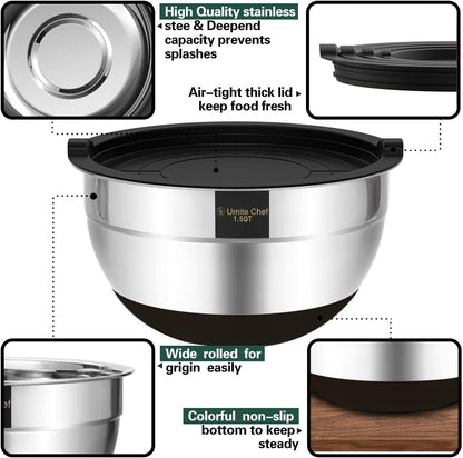 Stainless Steel Mixing Bowls with Airtight Lids - 6-Piece Set with Non-Slip Bottoms, Ideal for Mixing and Serving (Black)