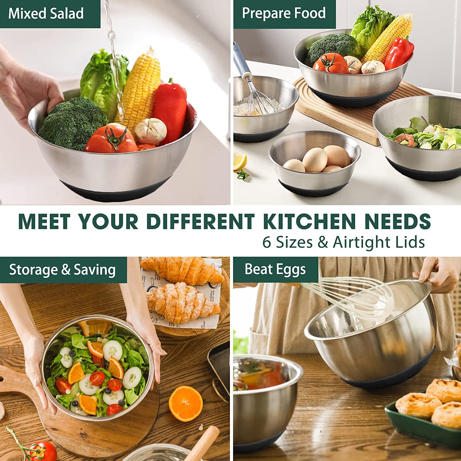 Stainless Steel Mixing Bowls with Airtight Lids - 6-Piece Set with Non-Slip Bottoms, Ideal for Mixing and Serving (Black)