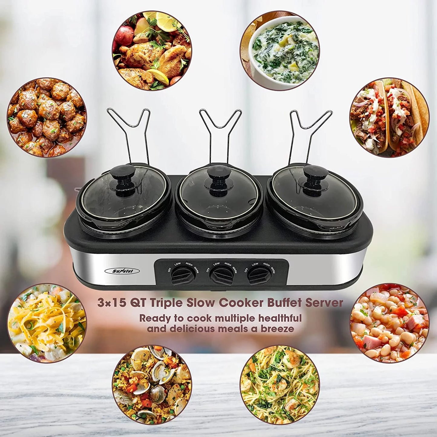 Triple Slow Cooker Buffet Server with 3 x 1.5 Quart Removable Ceramic Pots and Adjustable Temperature Control