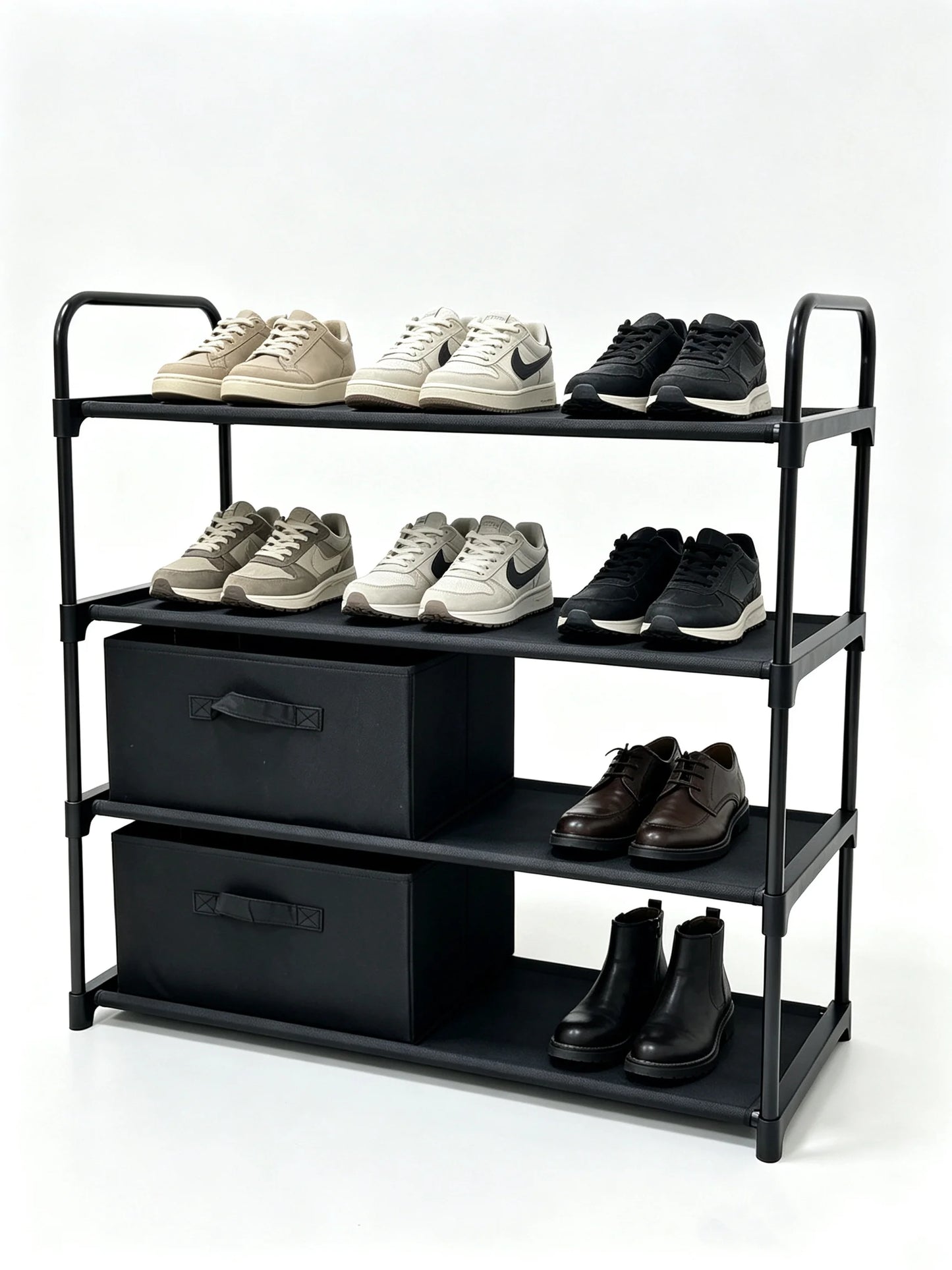 4-Shelf Closet Storage Organizer with 2 Fabric Bins, Black Metal Frame