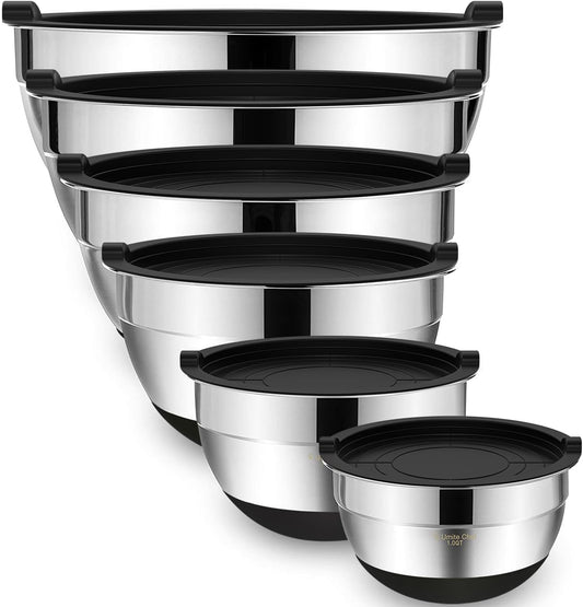 Stainless Steel Mixing Bowls with Airtight Lids - 6-Piece Set with Non-Slip Bottoms, Ideal for Mixing and Serving (Black)