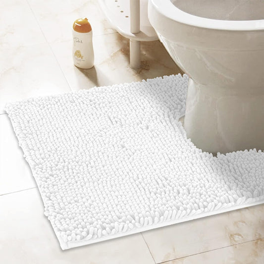 Standard 24" x 21" U-Shaped Non-Slip Shaggy Chenille Toilet Contour Bathroom Rug, Water Absorbent, White