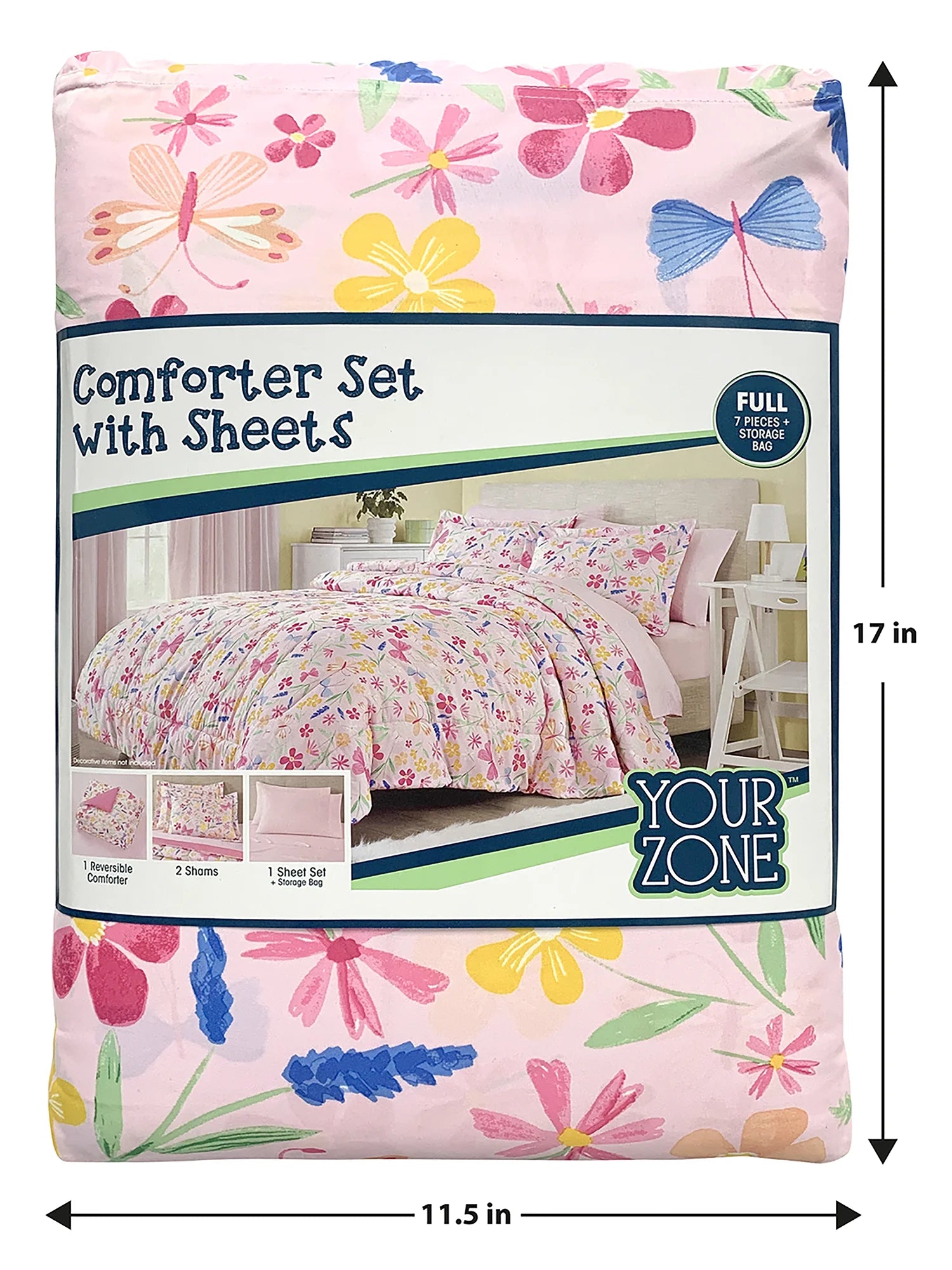 7-Piece Full Pink Wildflower Polyester Bedding Set for Girls