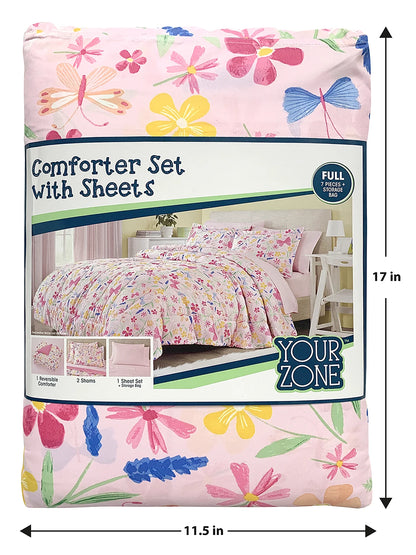 7-Piece Full Pink Wildflower Polyester Bedding Set for Girls