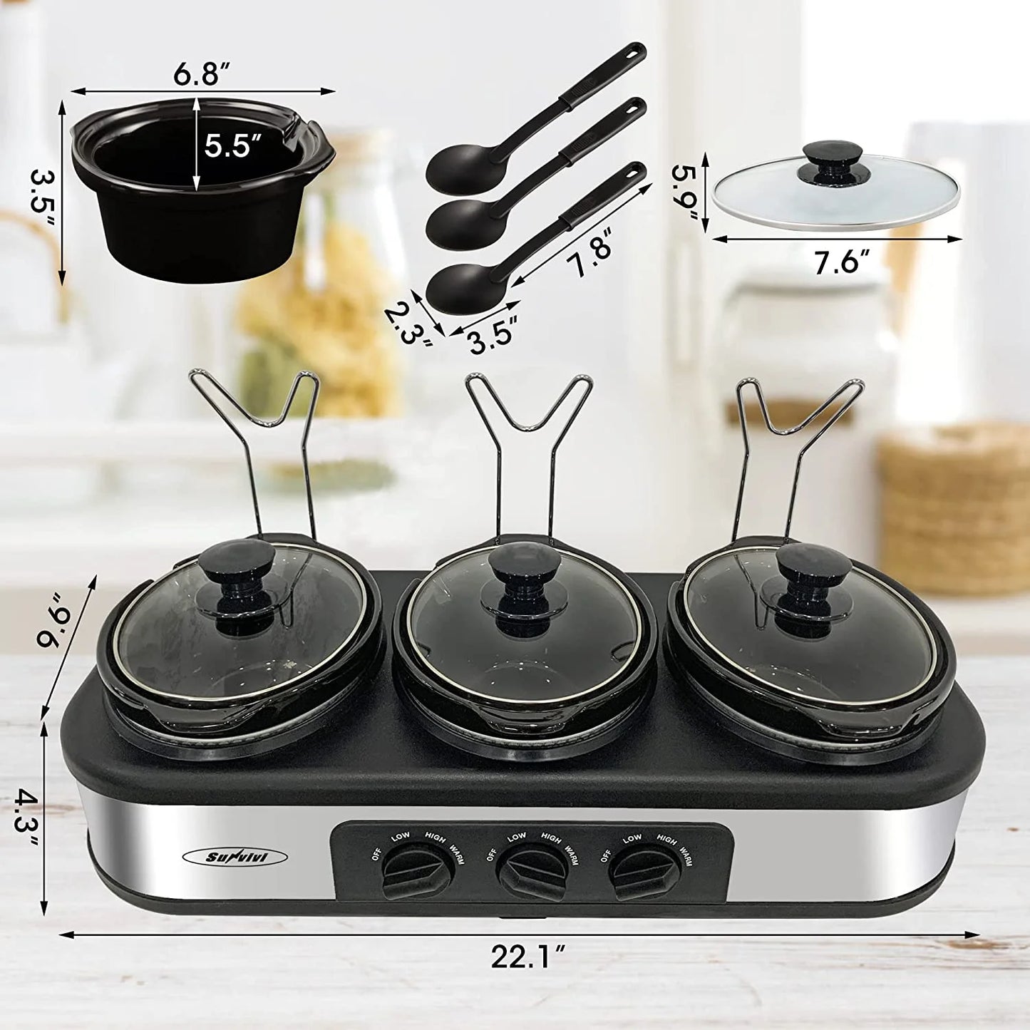 Triple Slow Cooker Buffet Server with 3 x 1.5 Quart Removable Ceramic Pots and Adjustable Temperature Control