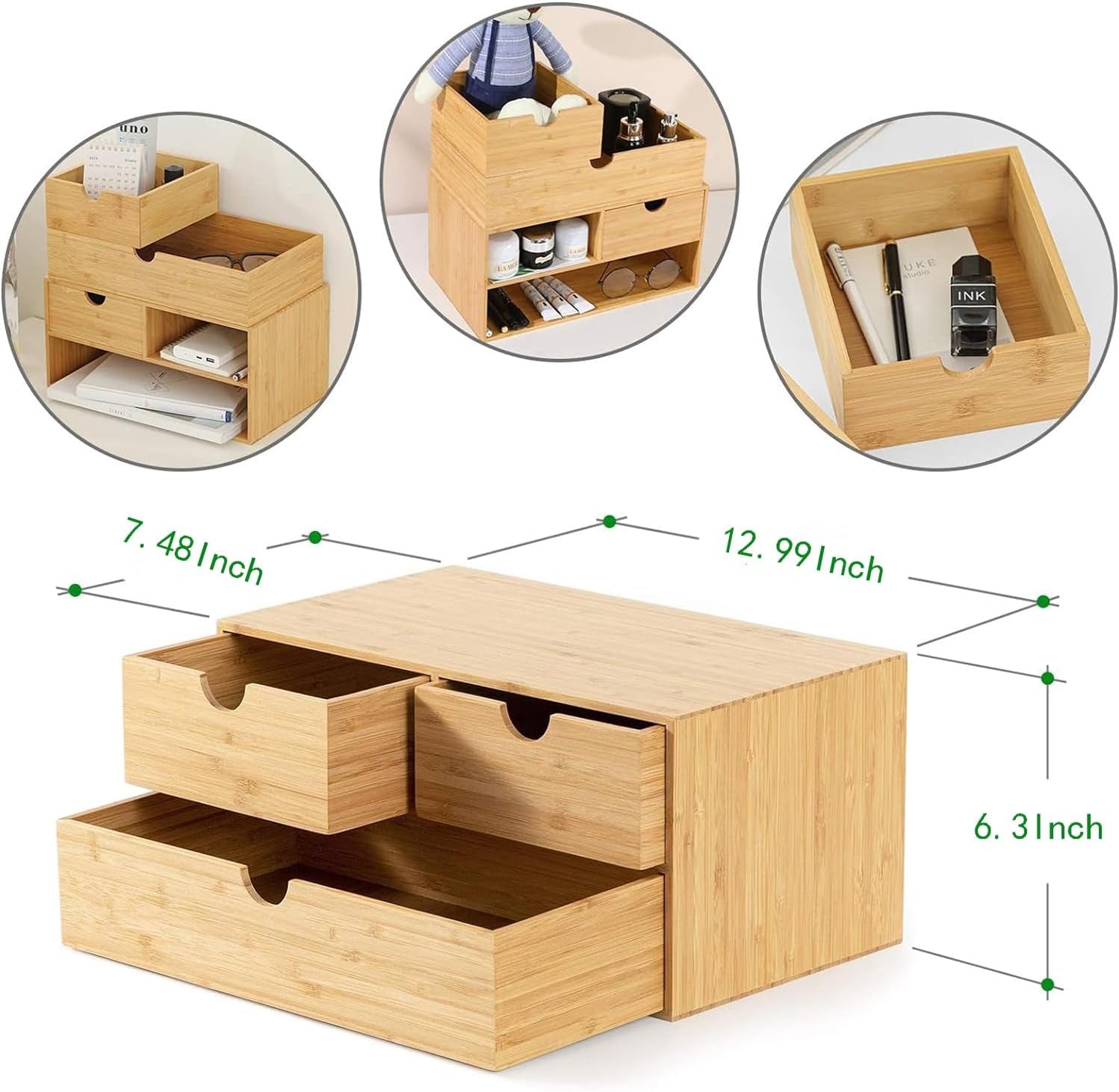 Bamboo Desk Organizer with Drawers, 3-Drawer Desktop Storage Box | 3 Drawers Open Top Tray Fully Assembled Stores Pens, Notes, Makeup, Jewelry & Toiletries for Office, Vanity & Bath