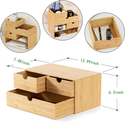 Bamboo Desk Organizer with Drawers, 3-Drawer Desktop Storage Box | 3 Drawers Open Top Tray Fully Assembled Stores Pens, Notes, Makeup, Jewelry & Toiletries for Office, Vanity & Bath