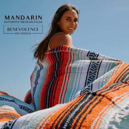 Authentic Handwoven Mexican Falsa Serape Blanket – Lightweight Cotton Throw for Outdoor and Home Use – Ideal for Beach, Camping, Picnic, and Yoga – Mandarin, 50x70 Inches