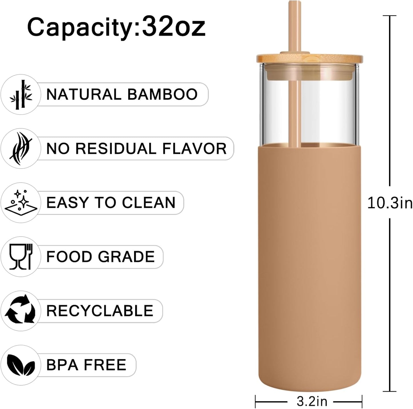 32 Oz Borosilicate Glass Tumbler with Bamboo Lid and Silicone Sleeve, Reusable Iced Coffee Cup with Straws, Dishwasher Safe and BPA-Free