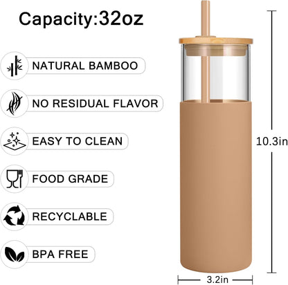 32 Oz Borosilicate Glass Tumbler with Bamboo Lid and Silicone Sleeve, Reusable Iced Coffee Cup with Straws, Dishwasher Safe and BPA-Free