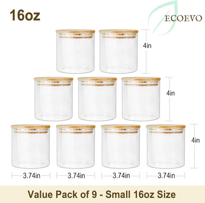 16 oz Glass Storage Jars with Bamboo Lids - Set of 9, Airtight Food Canisters for Pantry Organization