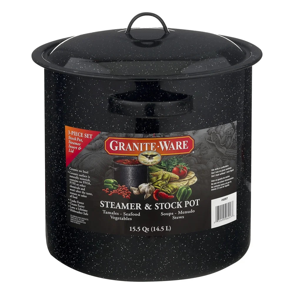 15.5-Quart Black Enamel on Steel Multi-Use Pot with Steamer Insert for Seafood, Tamales, and Stock