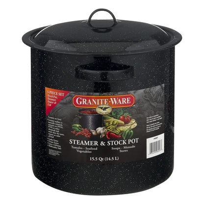 15.5-Quart Black Enamel on Steel Multi-Use Pot with Steamer Insert for Seafood, Tamales, and Stock