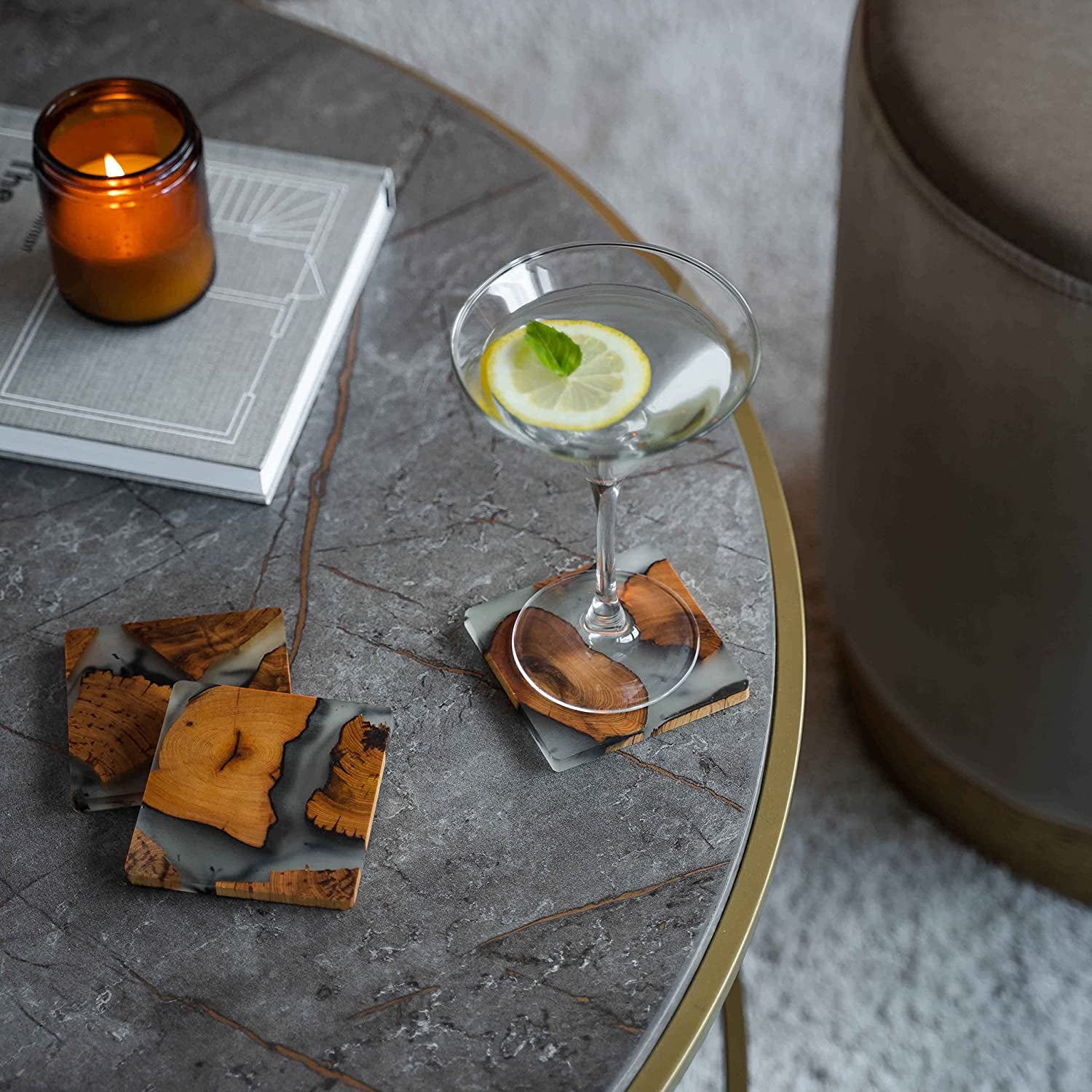 Cedar Wood Epoxy Coaster Set with Holder - Modern Design (6 Coasters, No Holder)