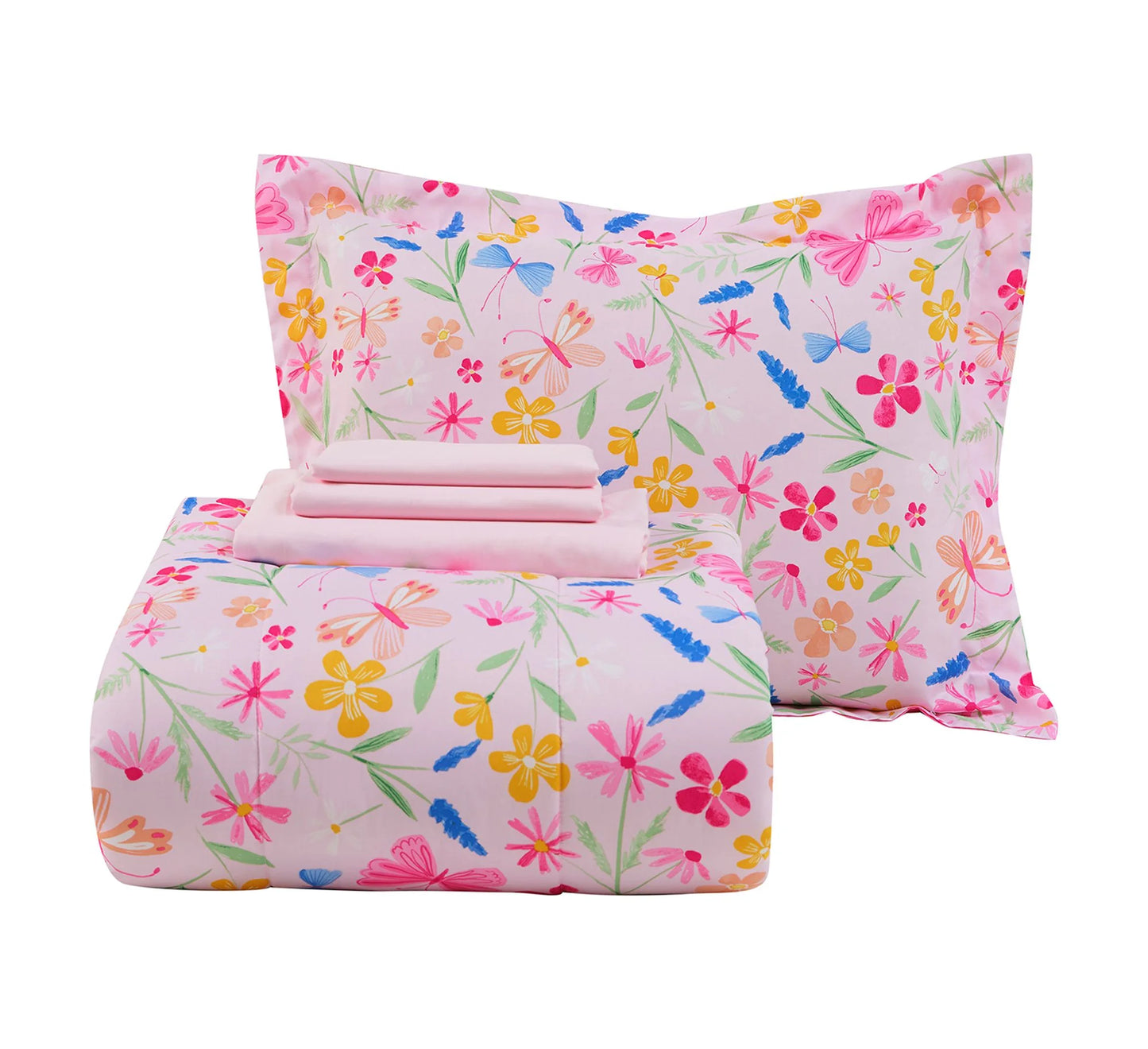 7-Piece Full Pink Wildflower Polyester Bedding Set for Girls