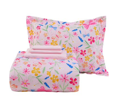 7-Piece Full Pink Wildflower Polyester Bedding Set for Girls