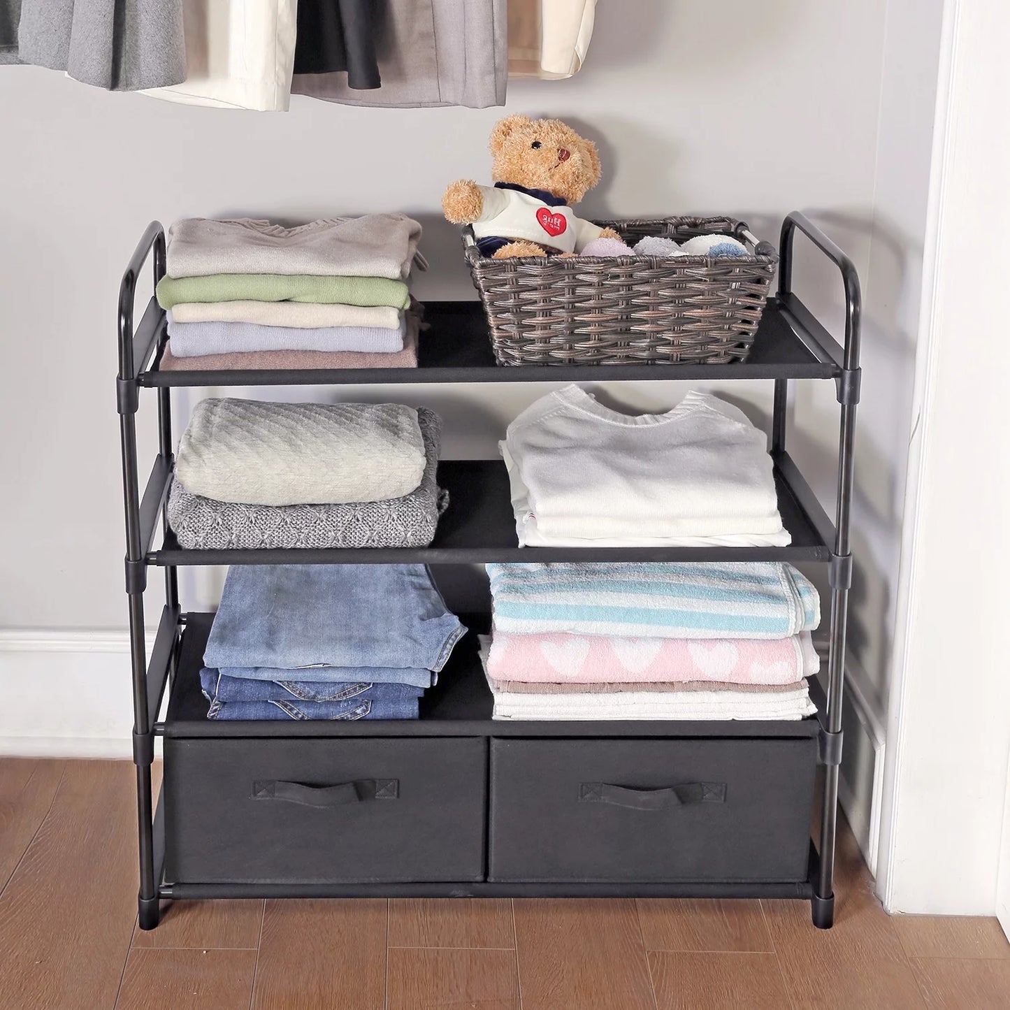 4-Shelf Closet Storage Organizer with 2 Fabric Bins, Black Metal Frame