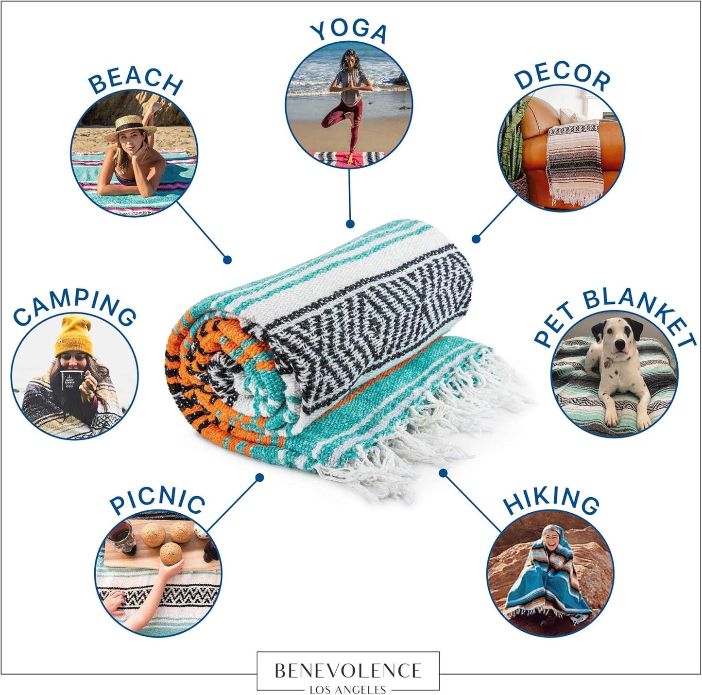 Authentic Handwoven Mexican Falsa Serape Blanket – Lightweight Cotton Throw for Outdoor and Home Use – Ideal for Beach, Camping, Picnic, and Yoga – Mandarin, 50x70 Inches