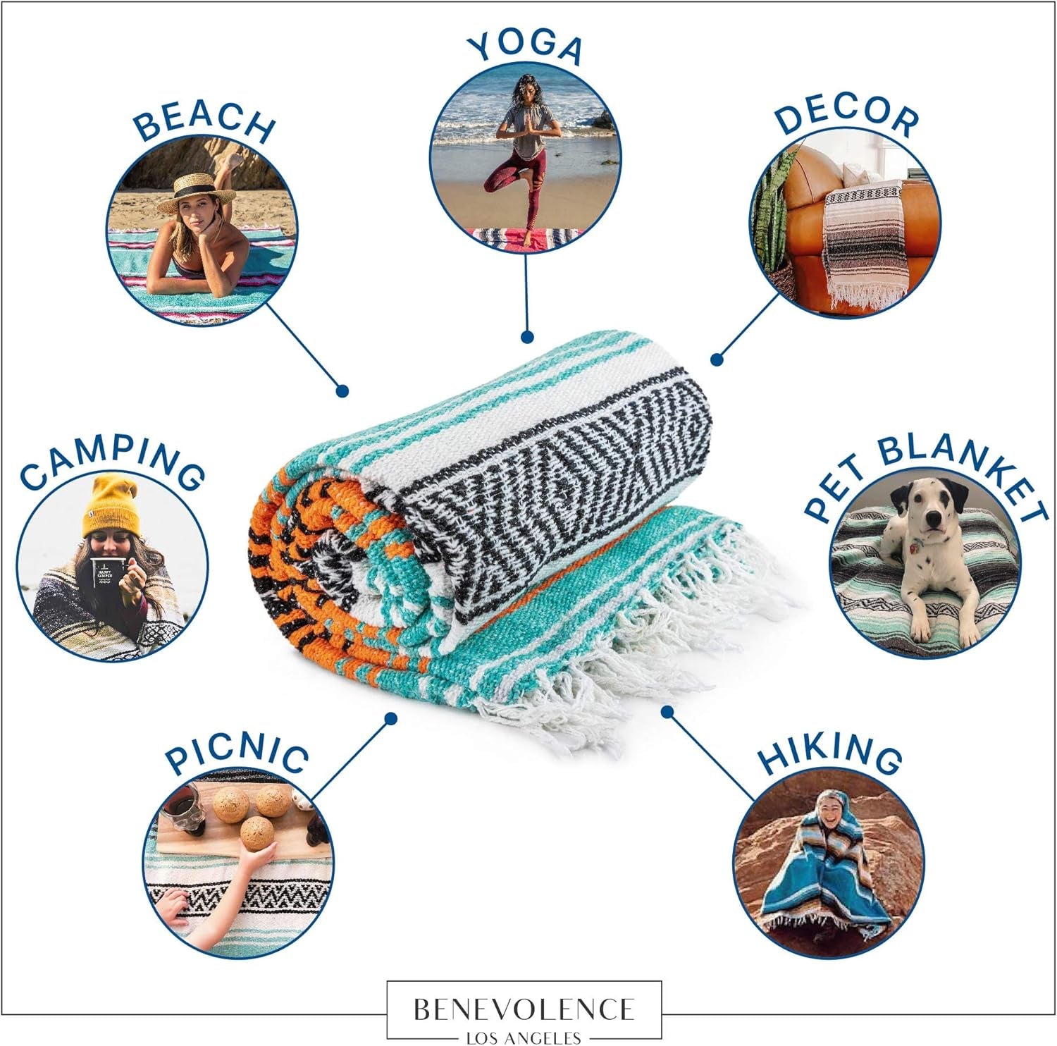Authentic Handwoven Mexican Falsa Serape Blanket – Lightweight Cotton Throw for Outdoor and Home Use – Ideal for Beach, Camping, Picnic, and Yoga – Mandarin, 50x70 Inches