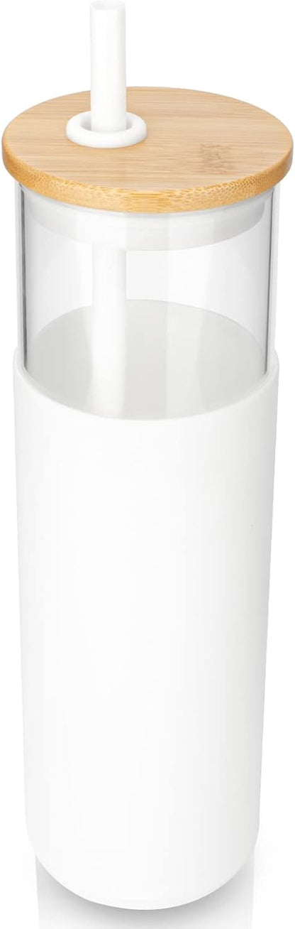32 Oz Borosilicate Glass Tumbler with Bamboo Lid and Silicone Sleeve, Reusable Iced Coffee Cup with Straws, Dishwasher Safe and BPA-Free