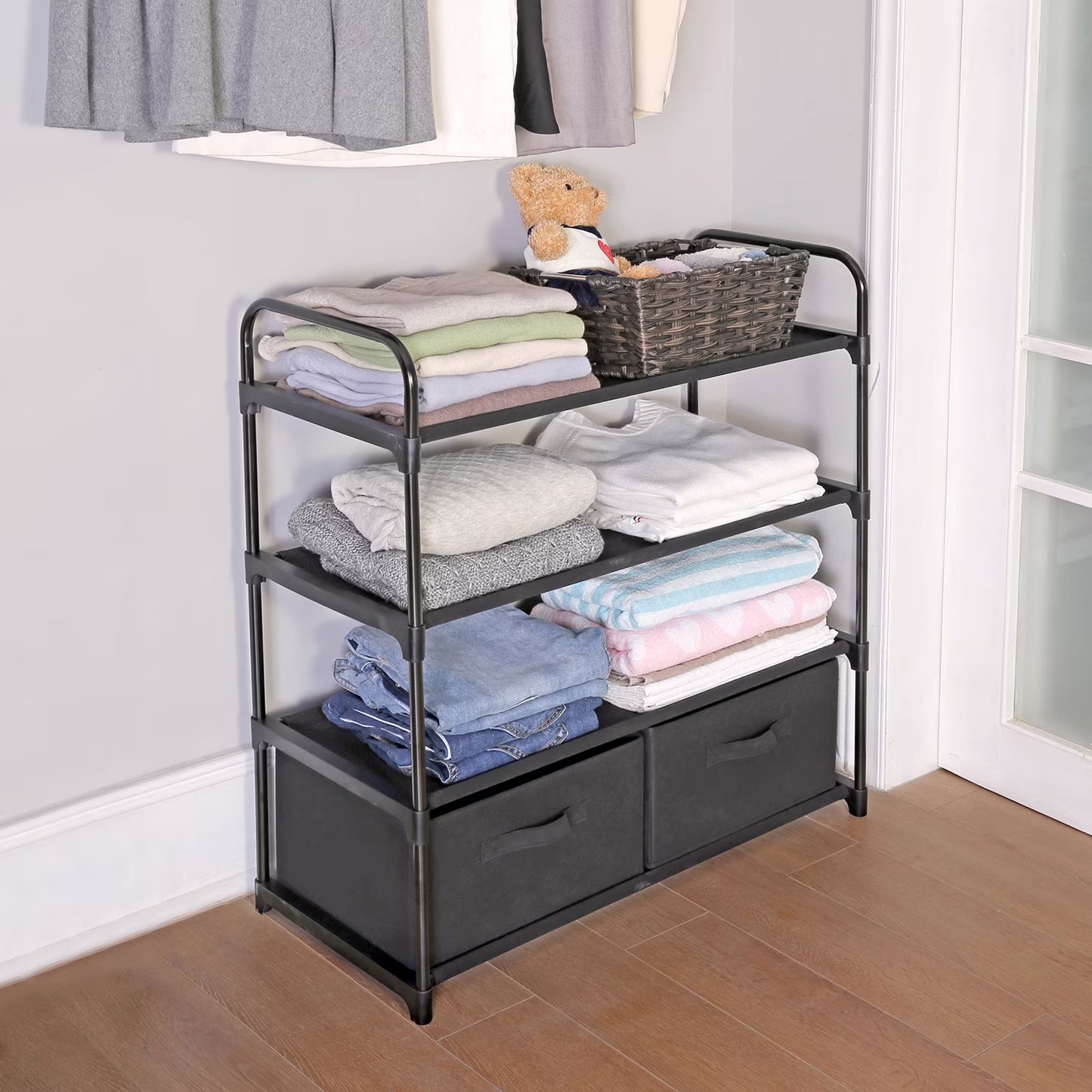 4-Shelf Closet Storage Organizer with 2 Fabric Bins, Black Metal Frame