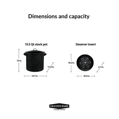 15.5-Quart Black Enamel on Steel Multi-Use Pot with Steamer Insert for Seafood, Tamales, and Stock