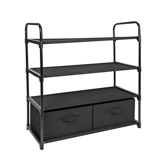 4-Shelf Closet Storage Organizer with 2 Fabric Bins, Black Metal Frame