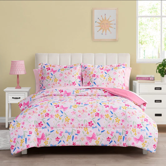 7-Piece Full Pink Wildflower Polyester Bedding Set for Girls