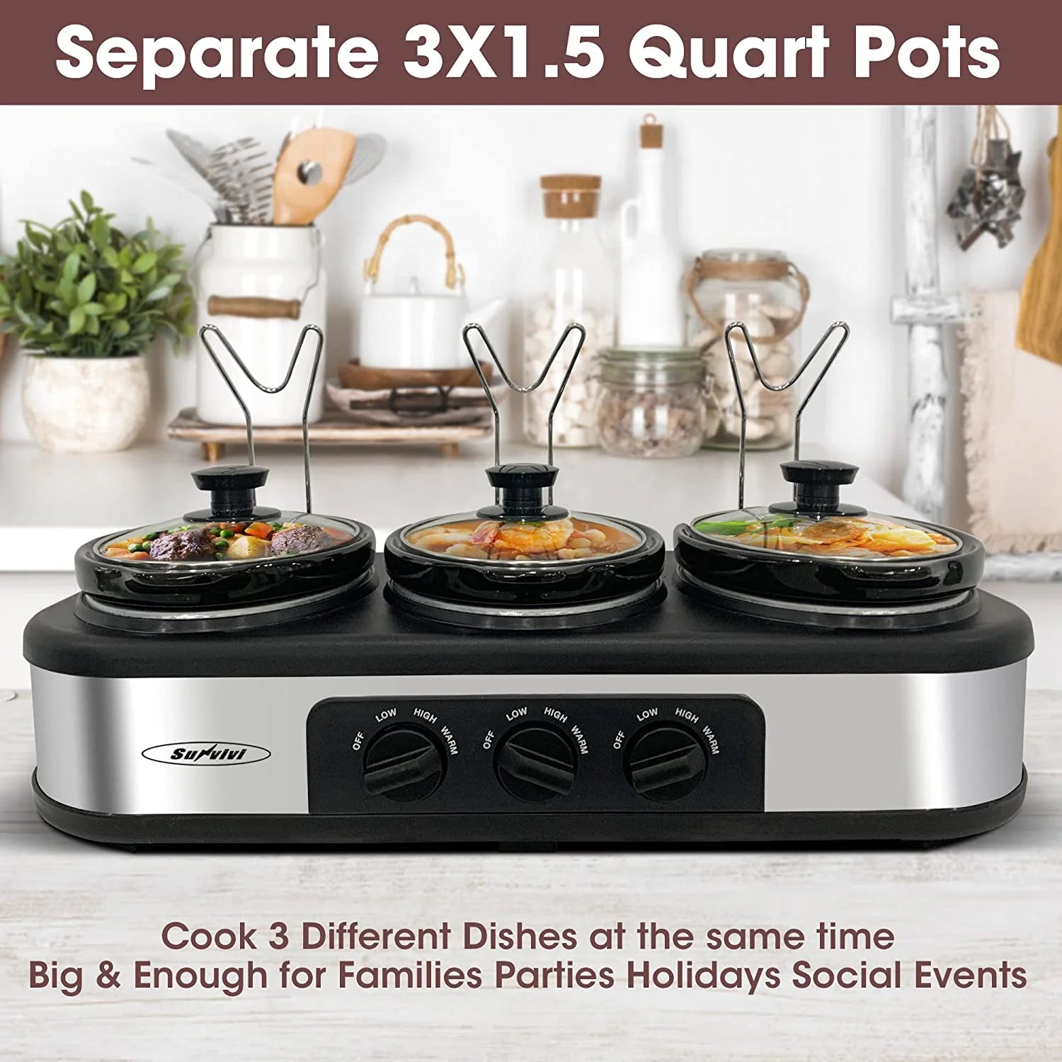 Triple Slow Cooker Buffet Server with 3 x 1.5 Quart Removable Ceramic Pots and Adjustable Temperature Control