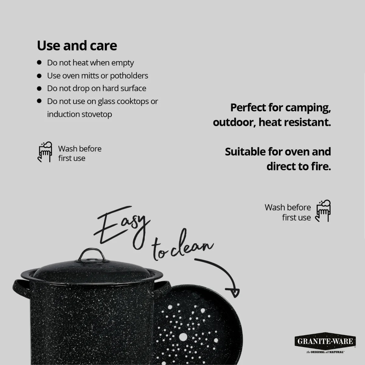 15.5-Quart Black Enamel on Steel Multi-Use Pot with Steamer Insert for Seafood, Tamales, and Stock