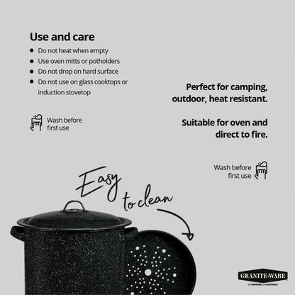15.5-Quart Black Enamel on Steel Multi-Use Pot with Steamer Insert for Seafood, Tamales, and Stock