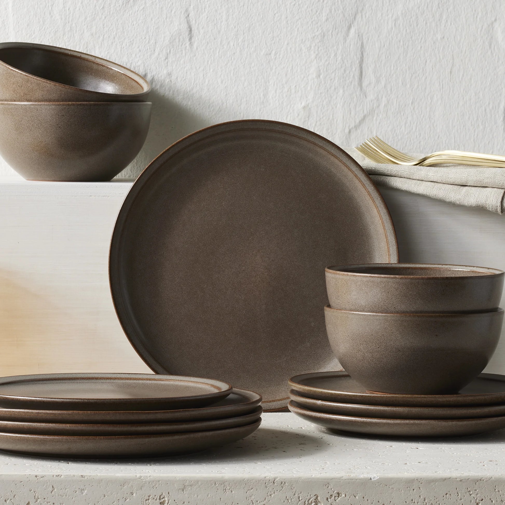 Banks Brown 12-Piece Stoneware Dinnerware Set for Four