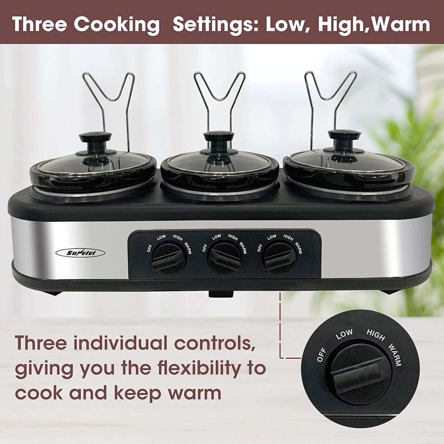 Triple Slow Cooker Buffet Server with 3 x 1.5 Quart Removable Ceramic Pots and Adjustable Temperature Control