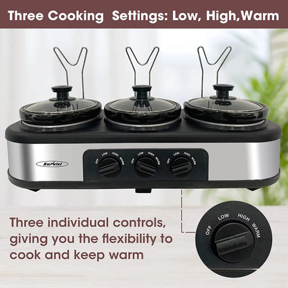 Triple Slow Cooker Buffet Server with 3 x 1.5 Quart Removable Ceramic Pots and Adjustable Temperature Control