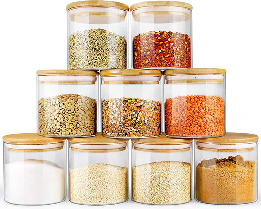 16 oz Glass Storage Jars with Bamboo Lids - Set of 9, Airtight Food Canisters for Pantry Organization