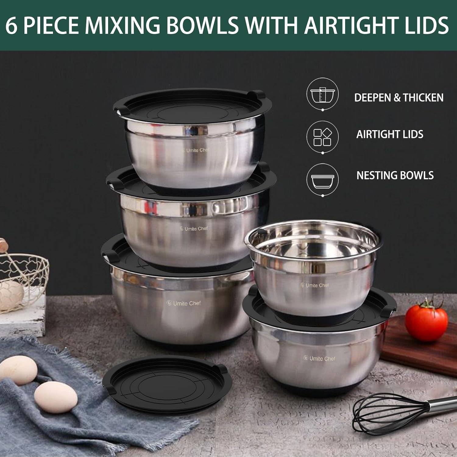 Stainless Steel Mixing Bowls with Airtight Lids - 6-Piece Set with Non-Slip Bottoms, Ideal for Mixing and Serving (Black)