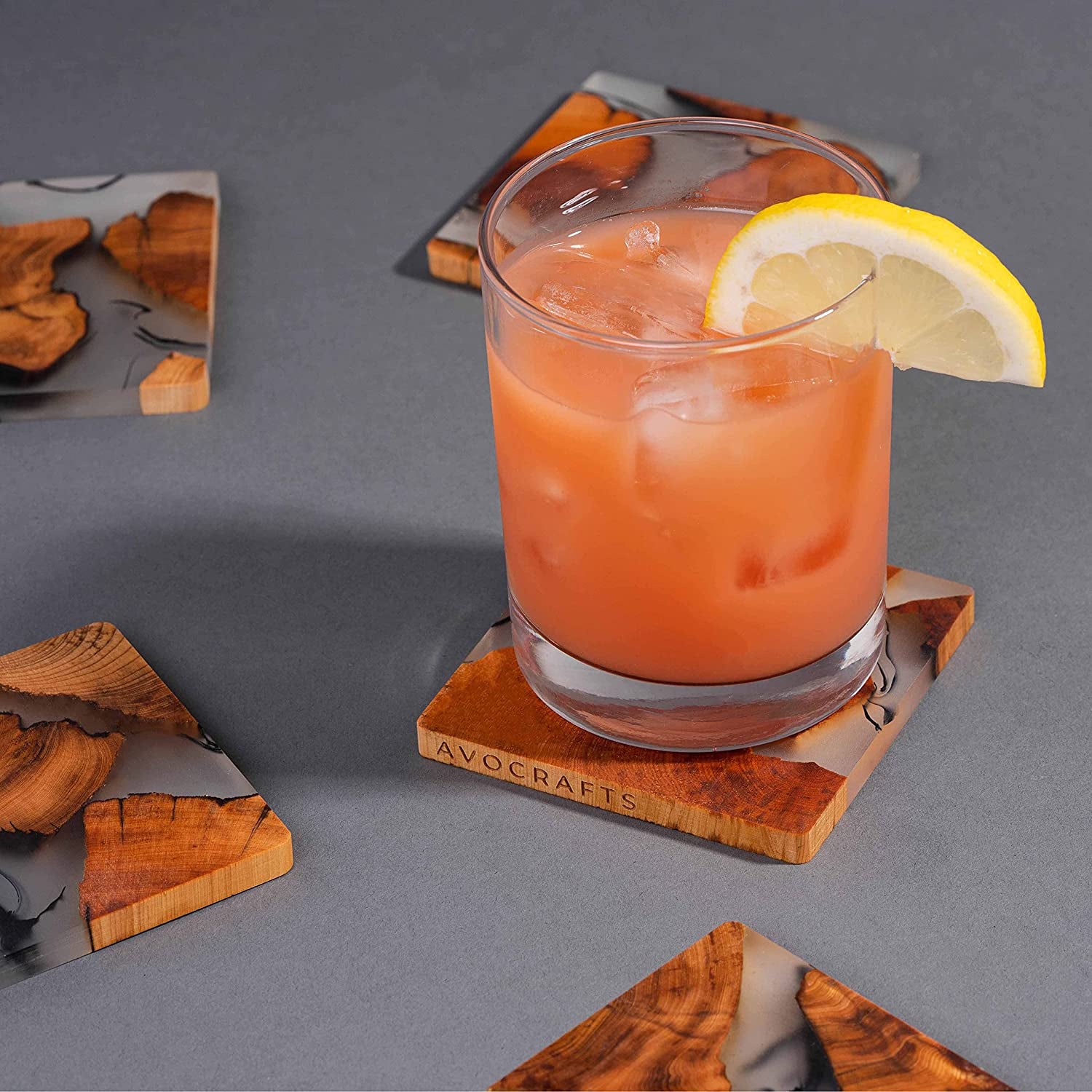Cedar Wood Epoxy Coaster Set with Holder - Modern Design (6 Coasters, No Holder)