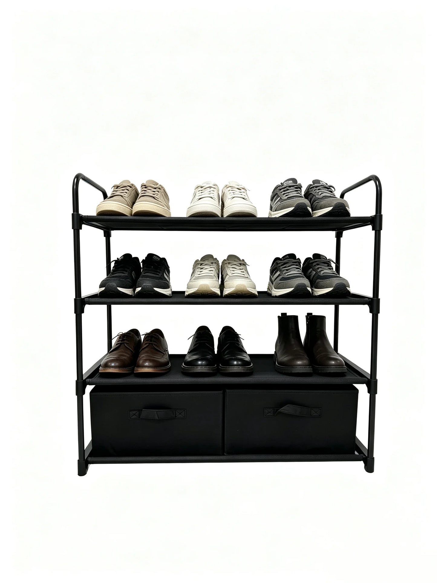4-Shelf Closet Storage Organizer with 2 Fabric Bins, Black Metal Frame