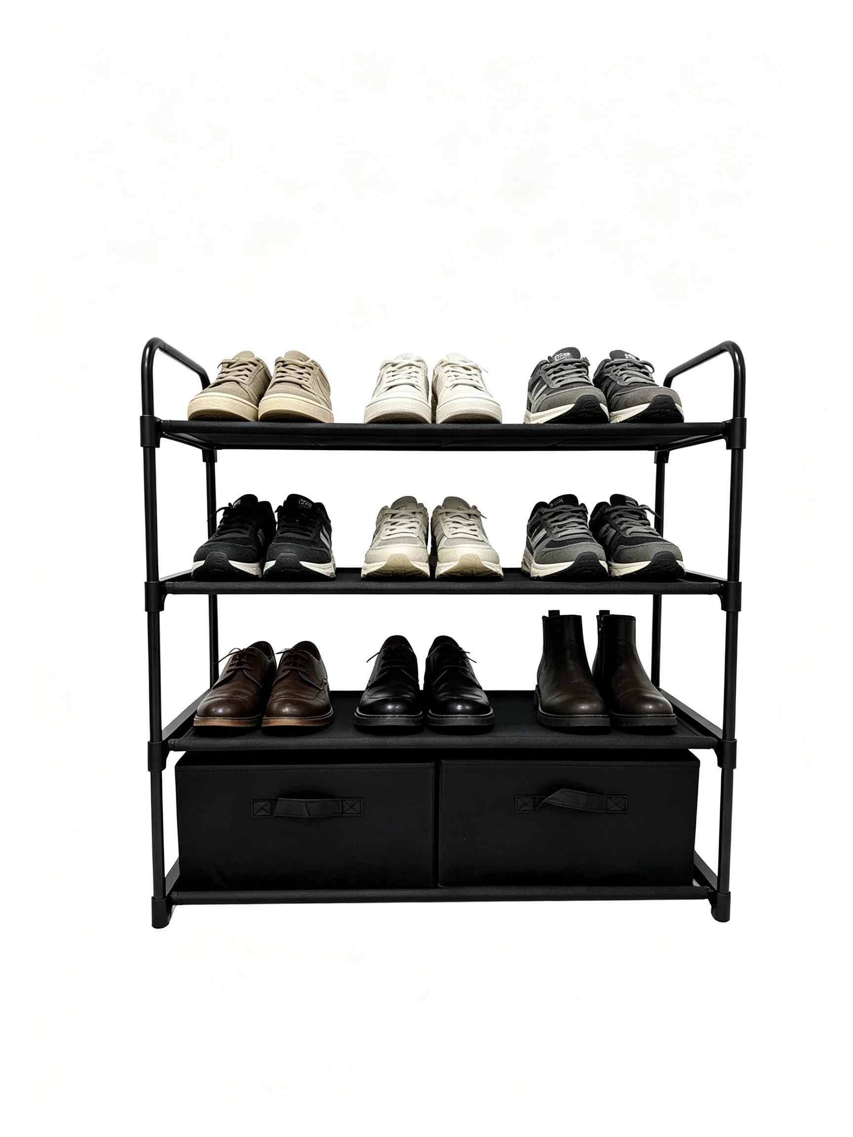 4-Shelf Closet Storage Organizer with 2 Fabric Bins, Black Metal Frame
