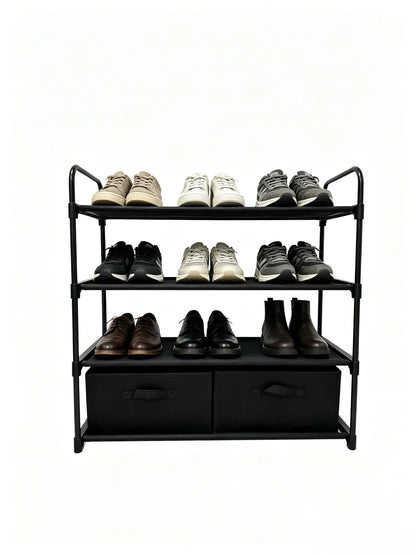 4-Shelf Closet Storage Organizer with 2 Fabric Bins, Black Metal Frame