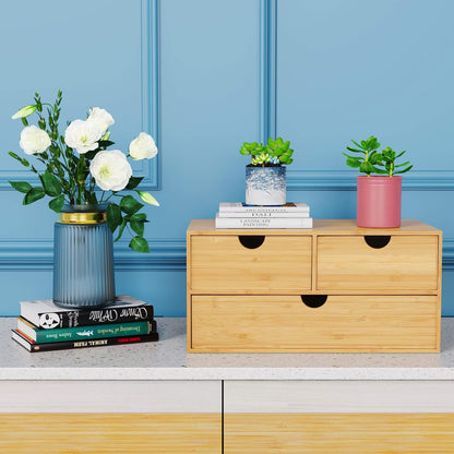 Bamboo Desk Organizer with Drawers, 3-Drawer Desktop Storage Box | 3 Drawers Open Top Tray Fully Assembled Stores Pens, Notes, Makeup, Jewelry & Toiletries for Office, Vanity & Bath