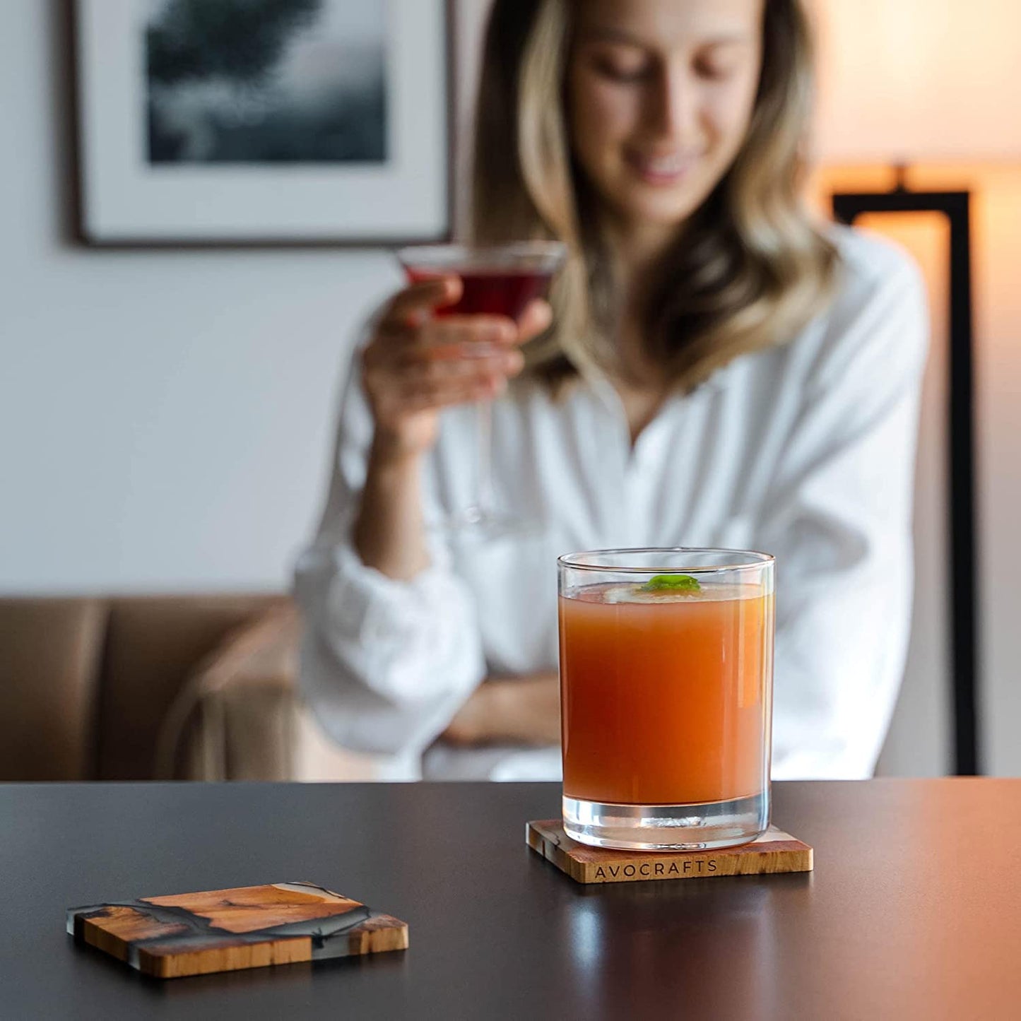 Cedar Wood Epoxy Coaster Set with Holder - Modern Design (6 Coasters, No Holder)
