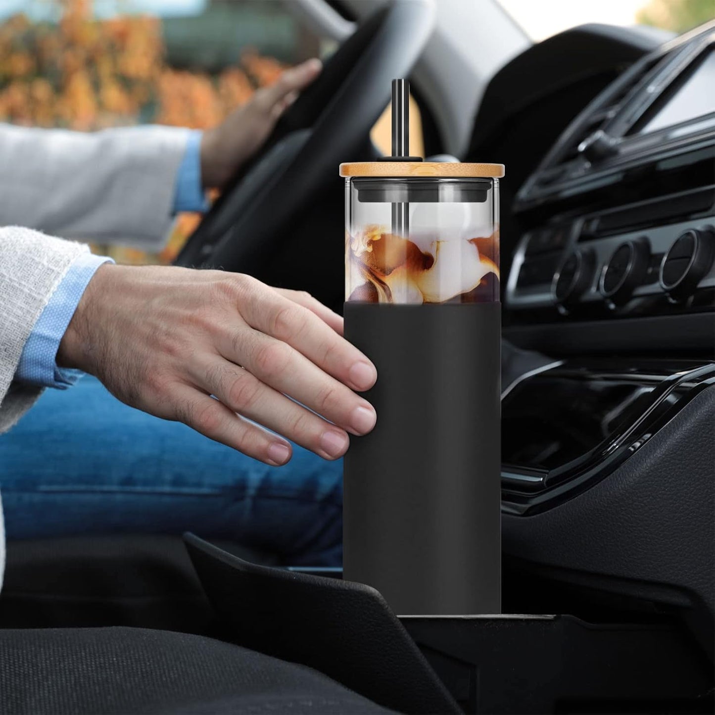 32 Oz Borosilicate Glass Tumbler with Bamboo Lid and Silicone Sleeve, Reusable Iced Coffee Cup with Straws, Dishwasher Safe and BPA-Free