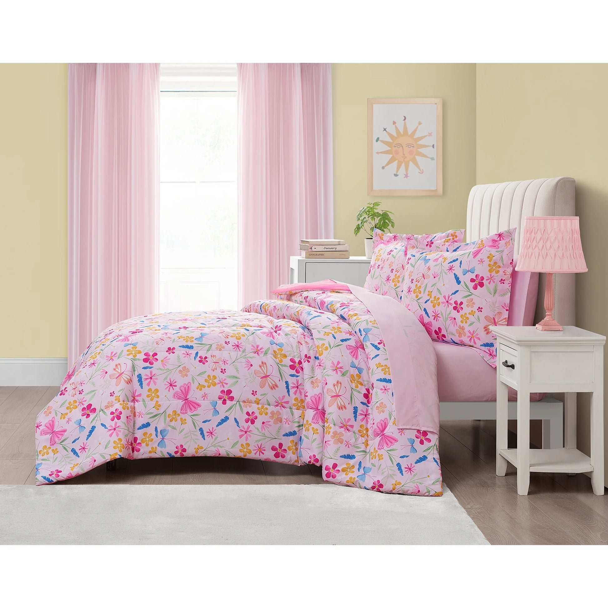 7-Piece Full Pink Wildflower Polyester Bedding Set for Girls
