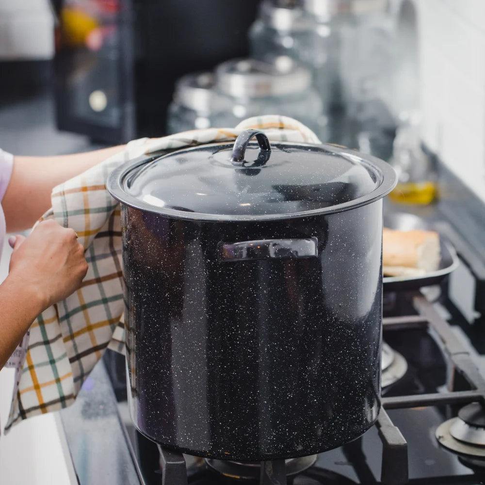 15.5-Quart Black Enamel on Steel Multi-Use Pot with Steamer Insert for Seafood, Tamales, and Stock