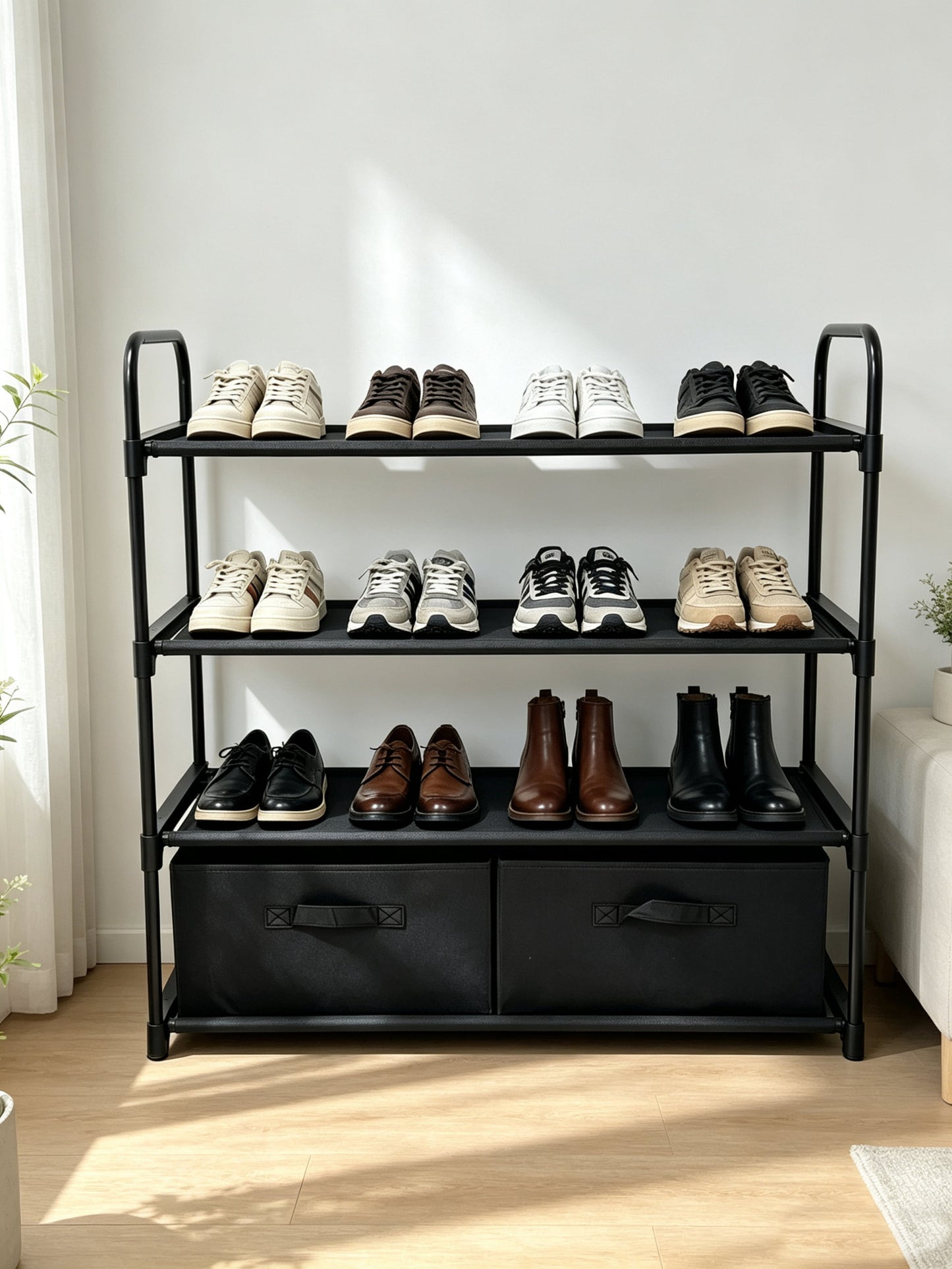 4-Shelf Closet Storage Organizer with 2 Fabric Bins, Black Metal Frame