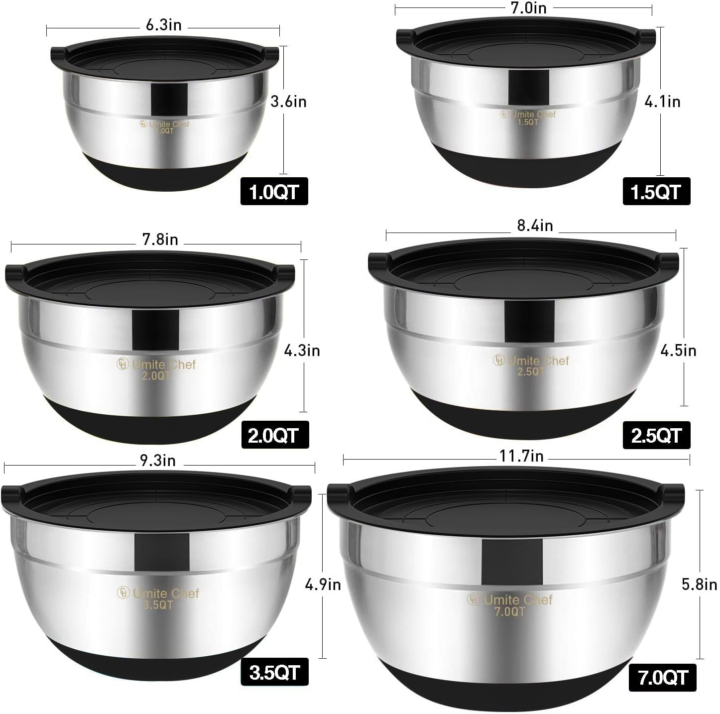 Stainless Steel Mixing Bowls with Airtight Lids - 6-Piece Set with Non-Slip Bottoms, Ideal for Mixing and Serving (Black)